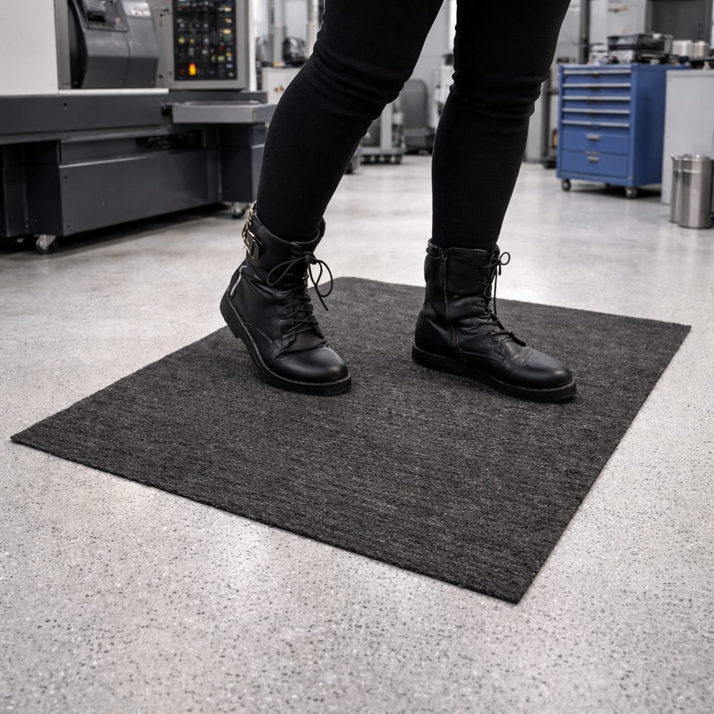 Worker standing on oil-absorbing mat in an industrial machine shop