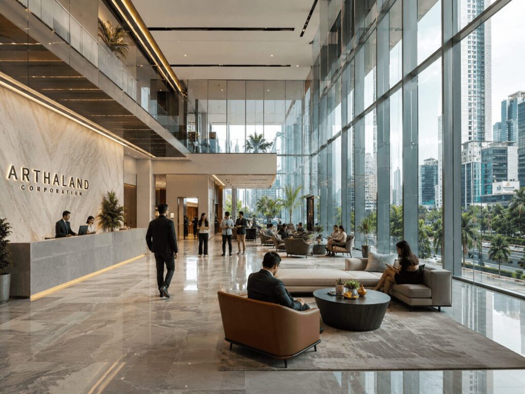 modern corporate lobby with clear glass panels