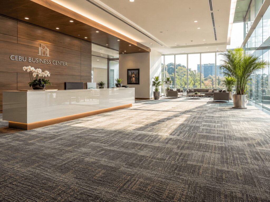 Spotlessly clean modern office lobby in Cebu with pristine patterned commercial carpet