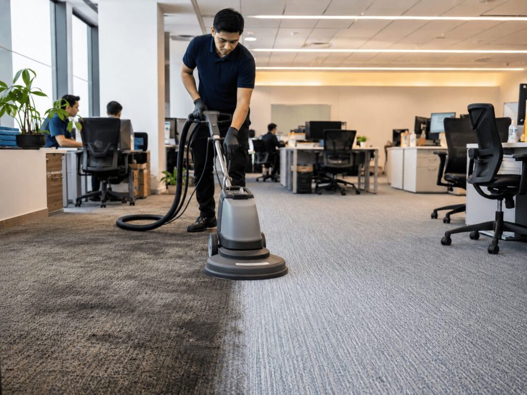 Professional technician using a dry foam carpet cleaner restoring a stained office carpet in a modern Metro Cebu BPO office