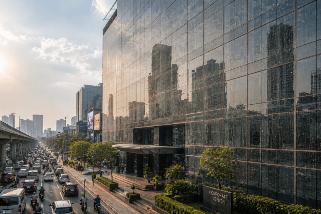 high rise glass building beside a busy road dusty