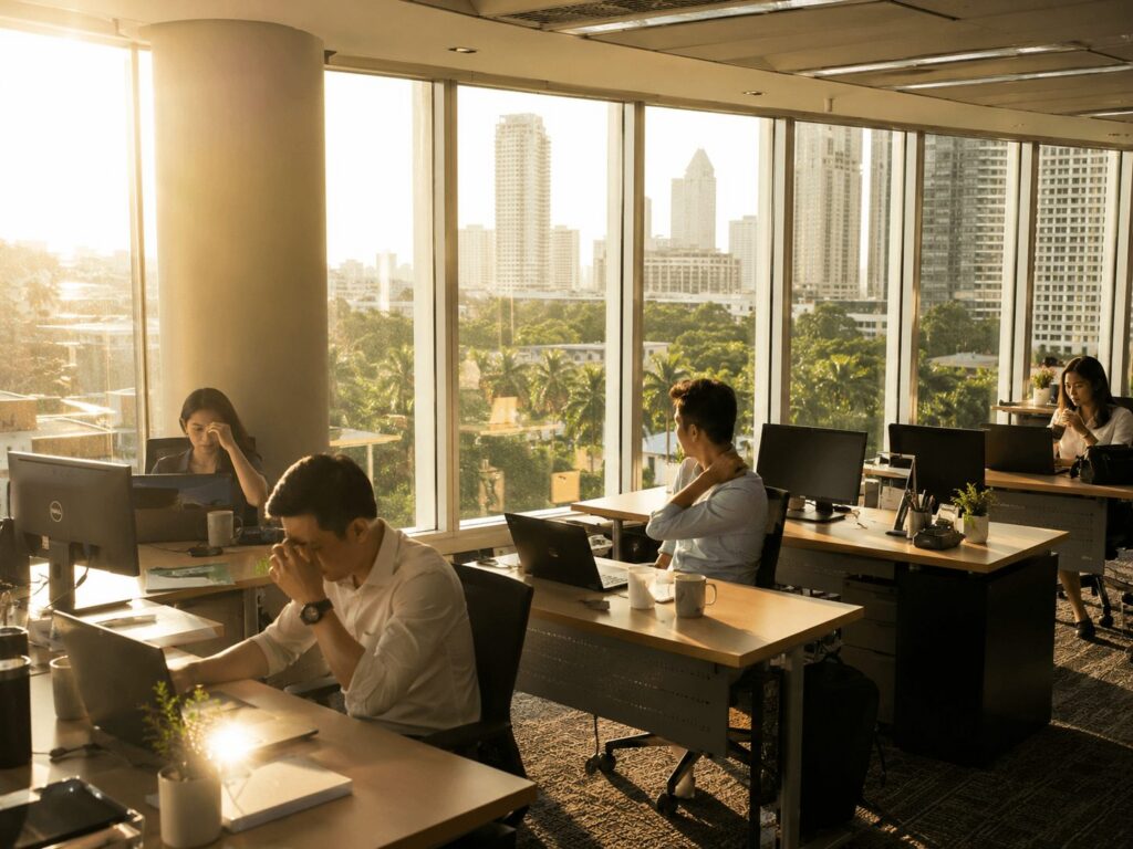 Sunlit Philippine office with glare, heat, and uncomfortable employees working