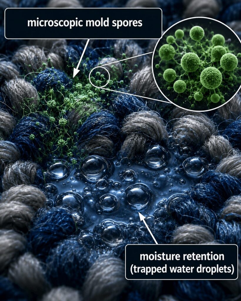 Macro infographic of blue and gray carpet fibers showing green microscopic mold spores in an enlarged callout and pooled moisture trapped between carpet fibers