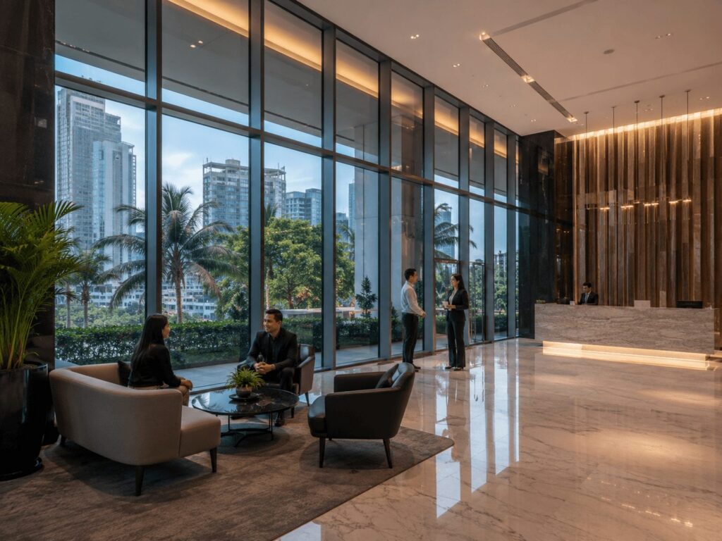Premium Philippine office lobby with tinted glass windows, reduced glare, tropical daylight, and relaxed employees in a modern corporate interior