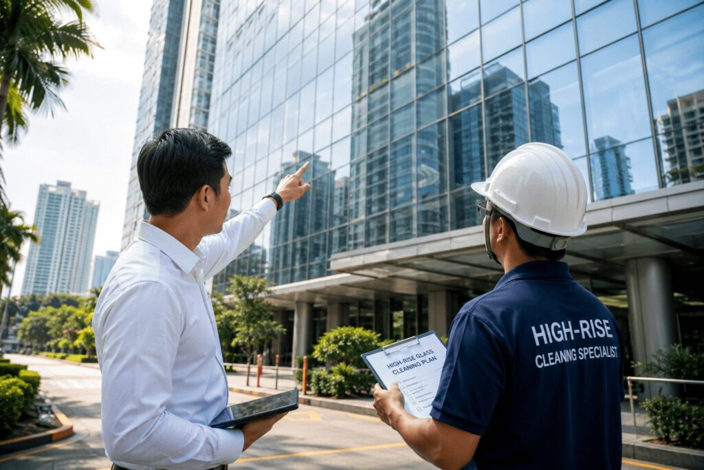 property manager scheduling glass cleaning services with high rise personnel