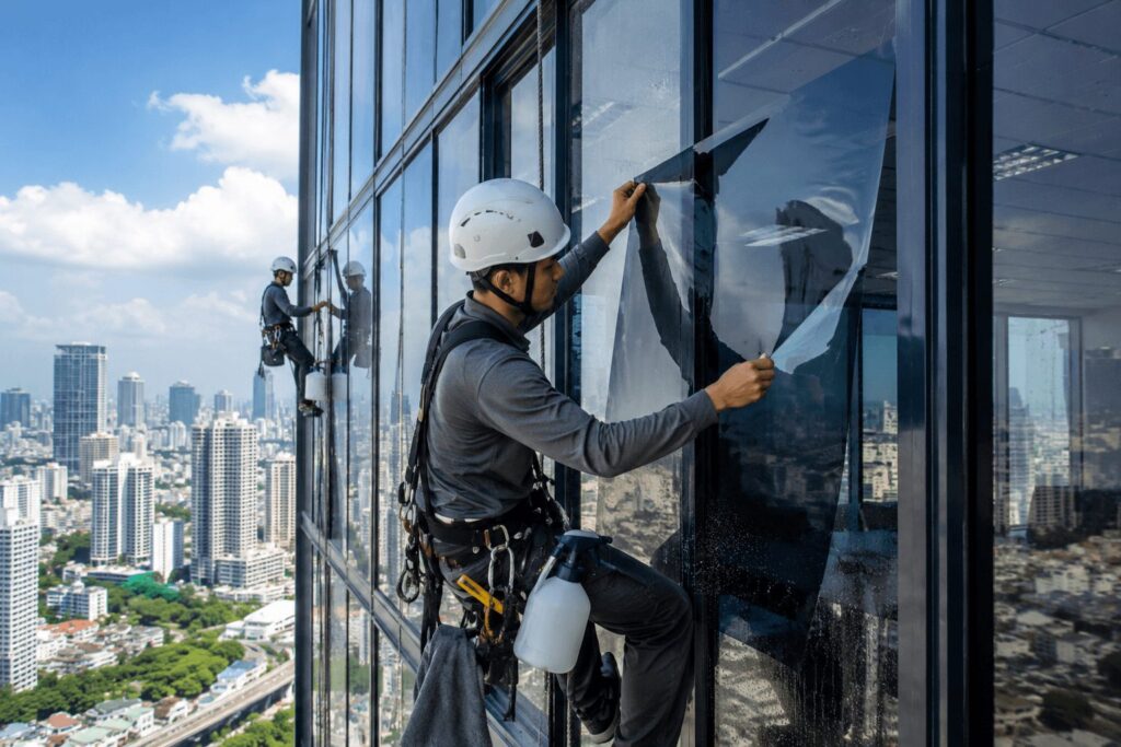 Professional technicians installing window tint film on a high-rise commercial glass building