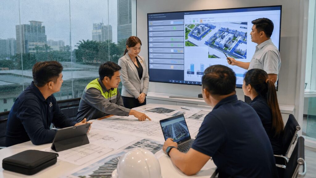 Building maintenance team in the Philippines discussing rainy season preventive maintenance in a conference room