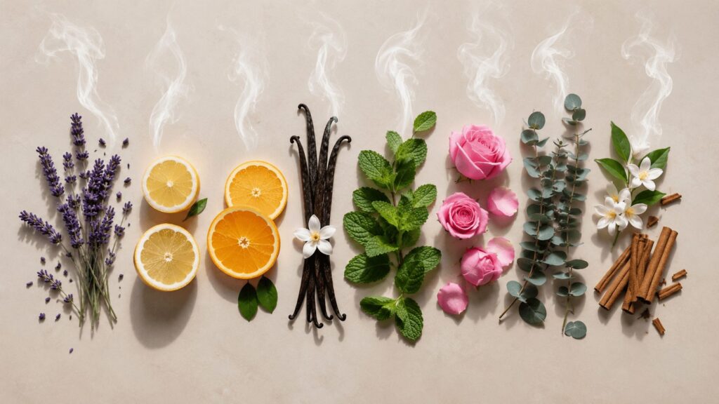 Common natural scents including lavender, citrus, vanilla, peppermint, rose, eucalyptus, jasmine, and cinnamon