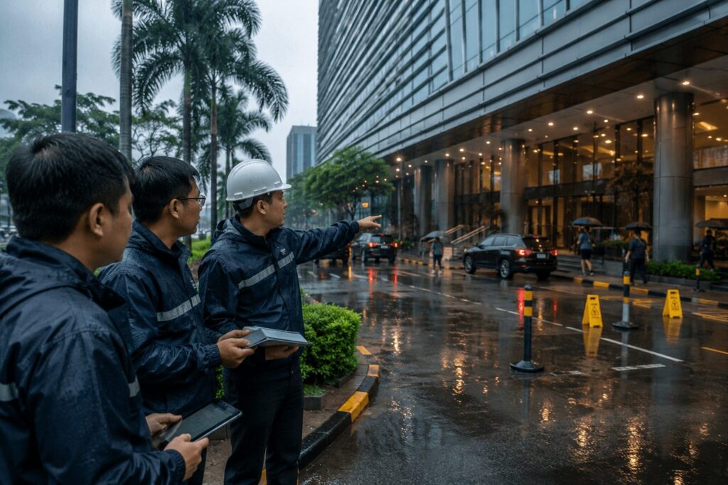 Maintenance team inspecting high-rise building traffic flow during rainy weather and discussing preventive safety measures for visitors near the entrance