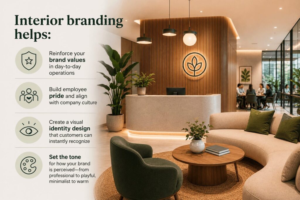 Modern branded office reception interior showing how interior branding reinforces company values, builds employee pride, creates a recognizable visual identity, and shapes brand perception through warm materials, signage, lighting, and coordinated furnishings