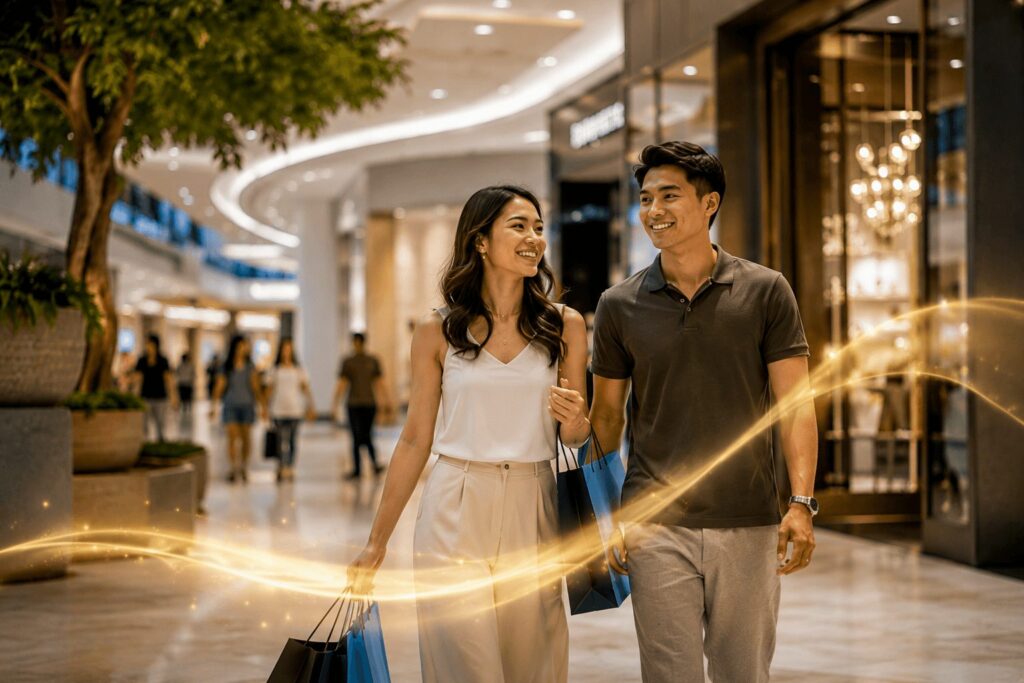 Filipino shoppers enjoying a modern upscale mall enhanced by ambient scenting