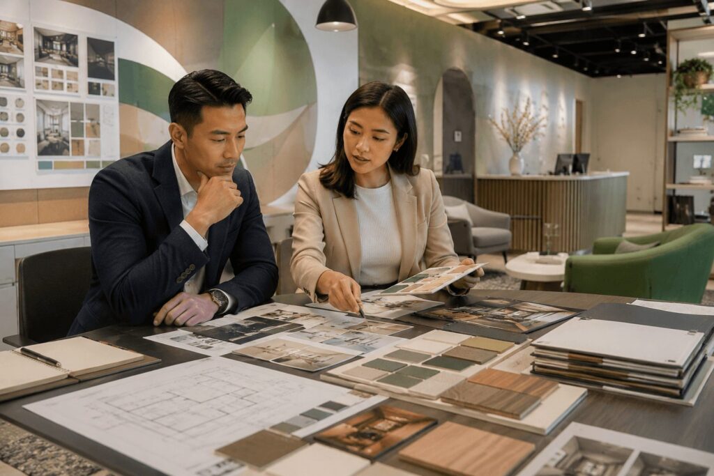 Property manager and interior designer reviewing mood boards, material samples, floor plans, and brand guidelines in a modern branded office space