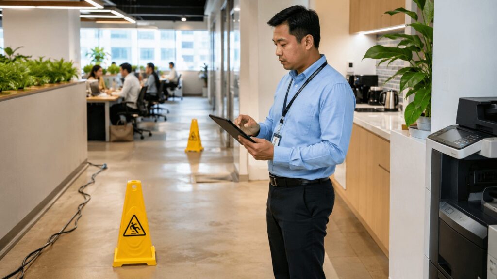 Facility manager using a tablet to inspect workplace safety hazards in a bright modern office in the Philippines, with caution signs and exposed cables visible along the walkway