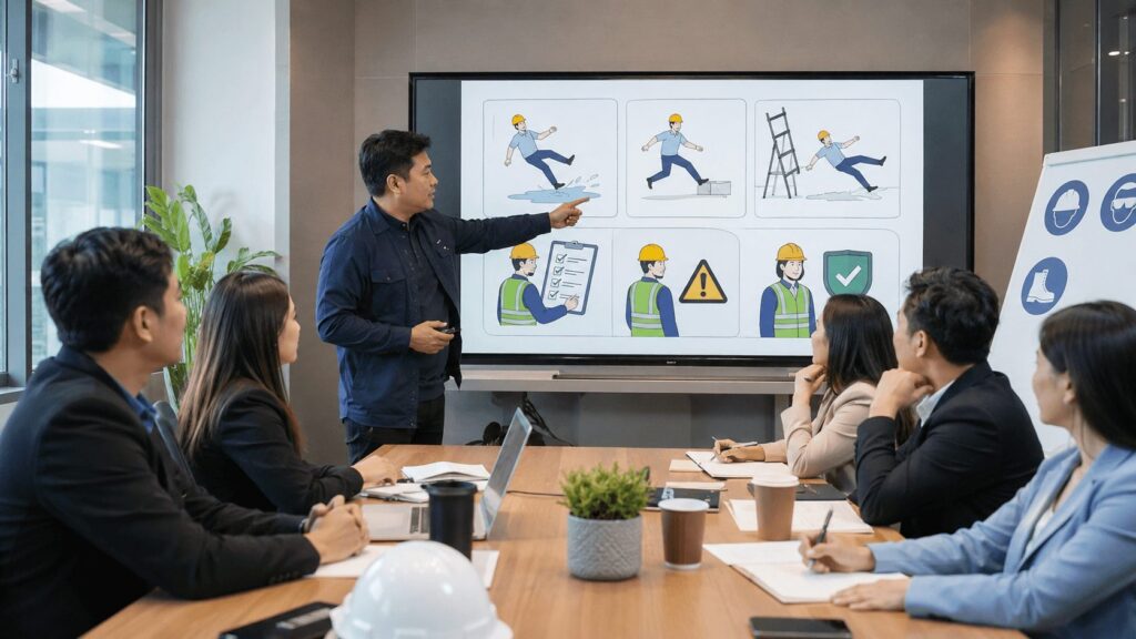 Filipino employees attending a workplace safety training session on slip, trip, and fall prevention