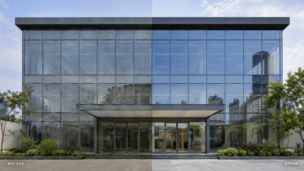 Before-and-after comparison of a commercial building façade showing stained exterior windows and professionally cleaned glass with clearer reflections