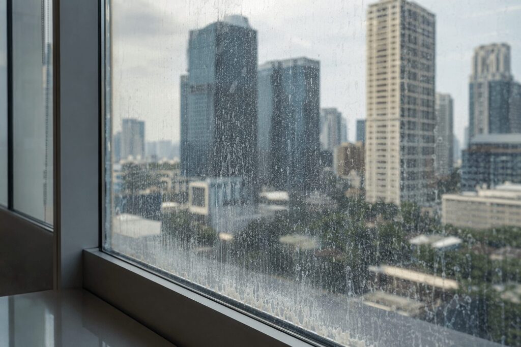 Hard-water mineral deposits and streaks visible from inside a building window overlooking a city skyline