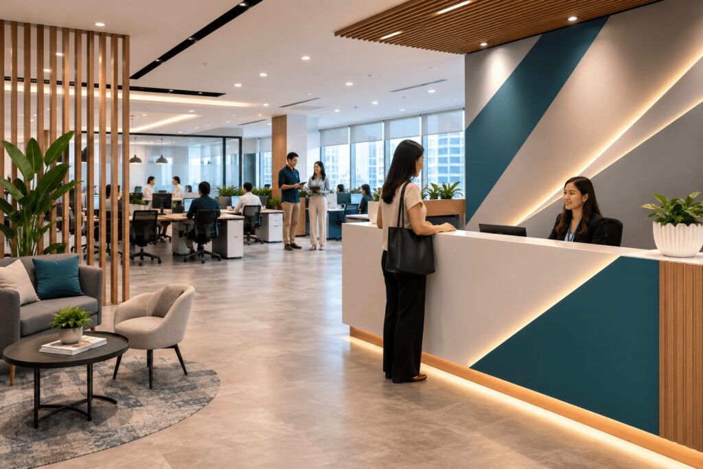 Modern Philippine corporate office interior with a vinyl-wrapped reception desk