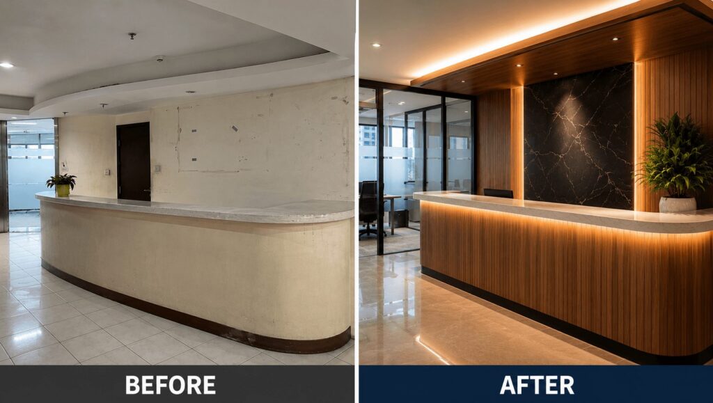 Before-and-after comparison of a worn Philippine corporate office reception transformed with wood-grain architectural vinyl