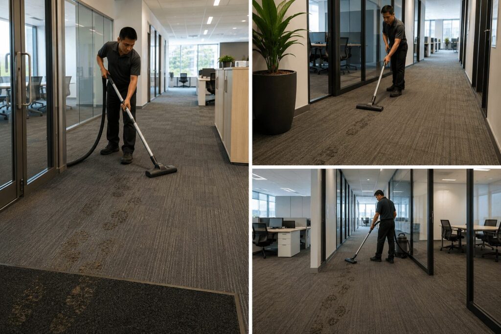 Modern office corridor with clean commercial carpet as a facility maintenance worker vacuums near the entrance, showing preventative carpet care during wet weather